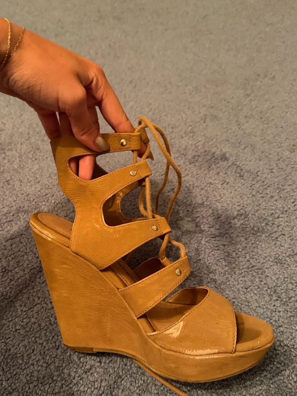 Chinese Laundry Lace-Up Wedge Sandals in Tan